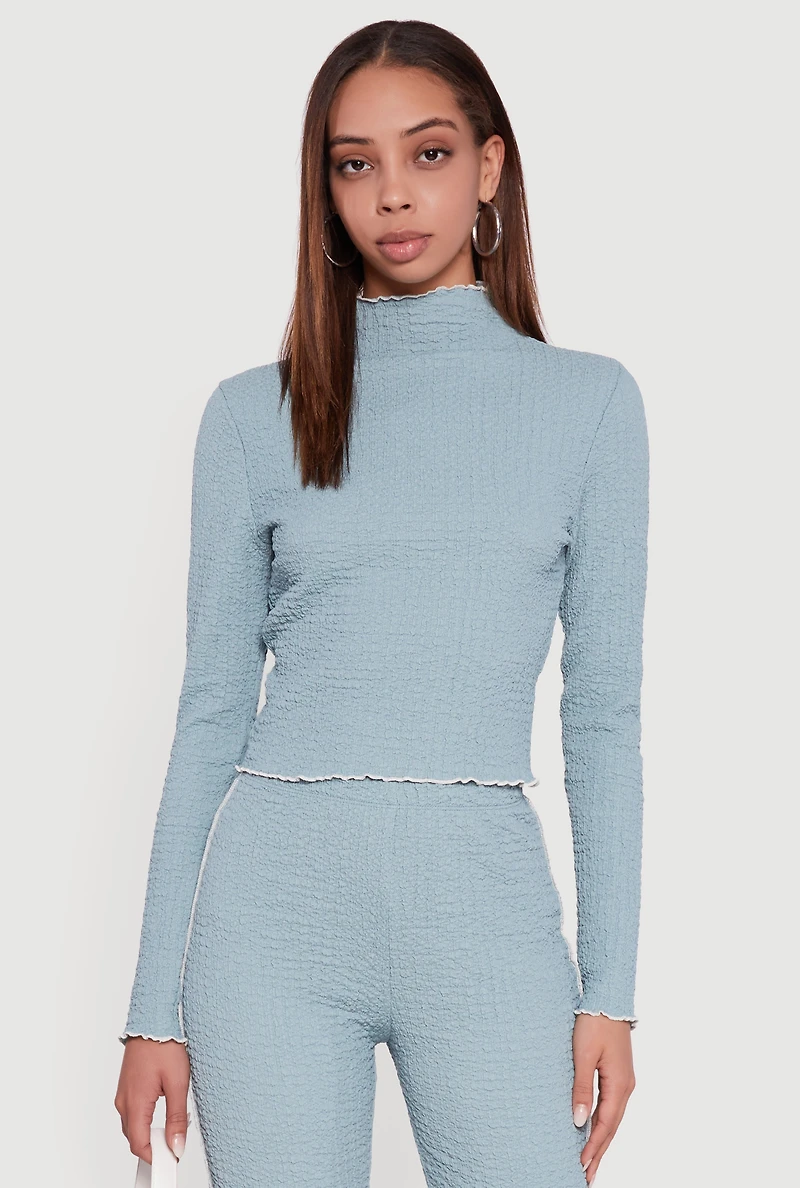 Womens Textured Knit Contrast Trim Long Sleeve Mock Neck Top, Green, Size XL