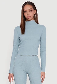 Womens Textured Knit Contrast Trim Long Sleeve Mock Neck Top, Green, Size XL