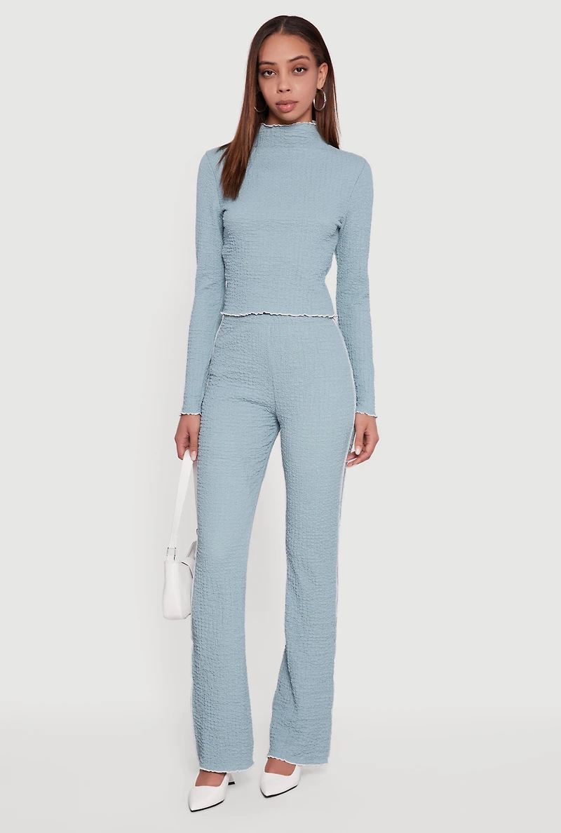 Textured Knit Contrast Trim Long Sleeve Mock Neck Top