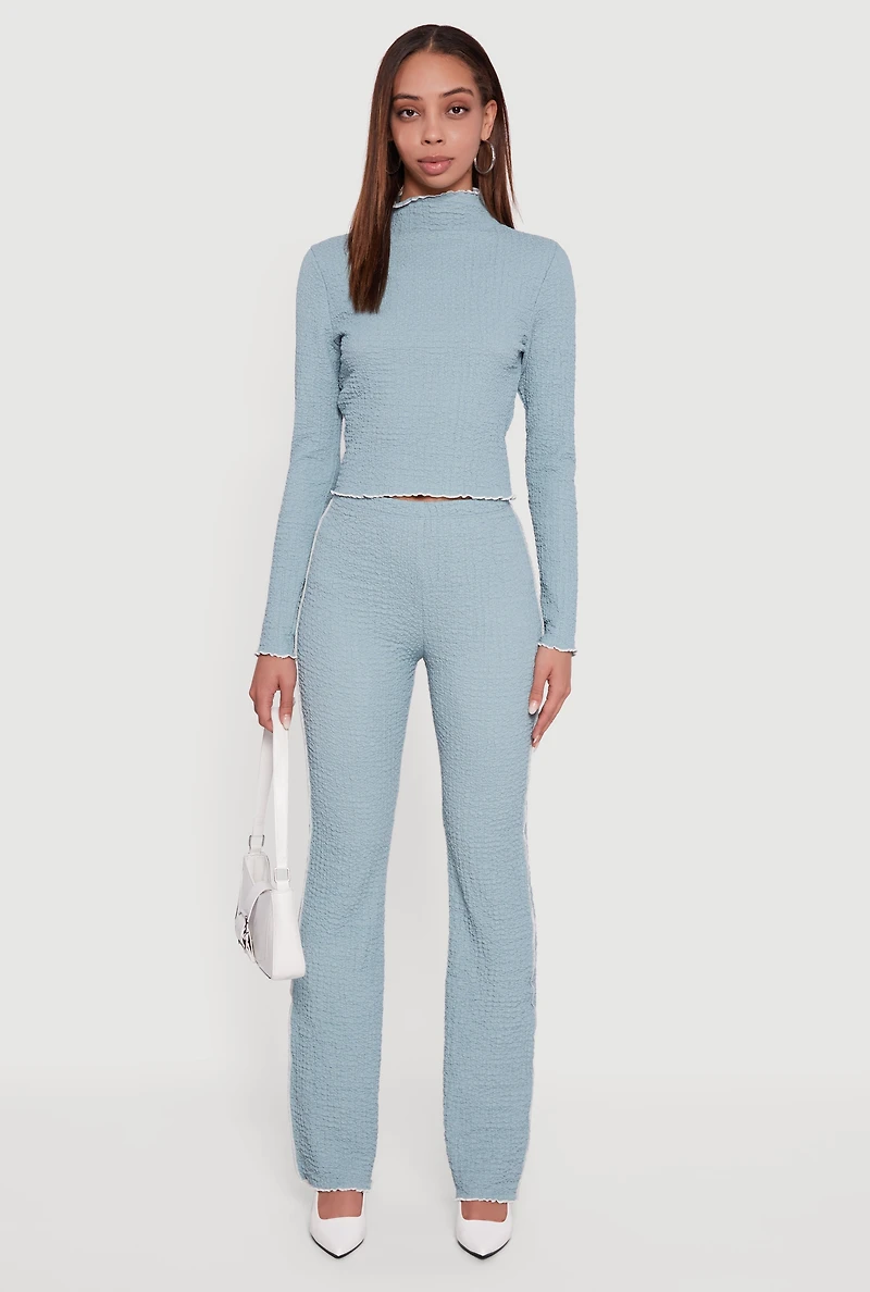 Textured Knit Contrast Trim Long Sleeve Mock Neck Top