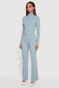 Womens Textured Knit Contrast Trim Long Sleeve Mock Neck Top, Green, Size XL