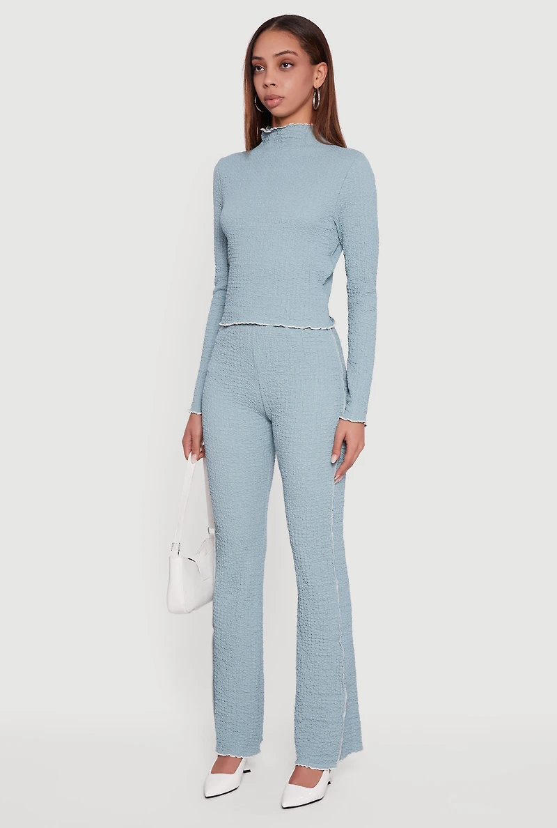 Textured Knit Contrast Trim Long Sleeve Mock Neck Top