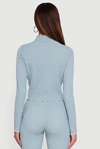 Textured Knit Contrast Trim Long Sleeve Mock Neck Top