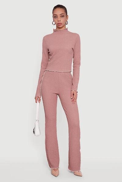 Womens Textured Knit Contrast Trim Pull On Flare Pants, Pink, Size L