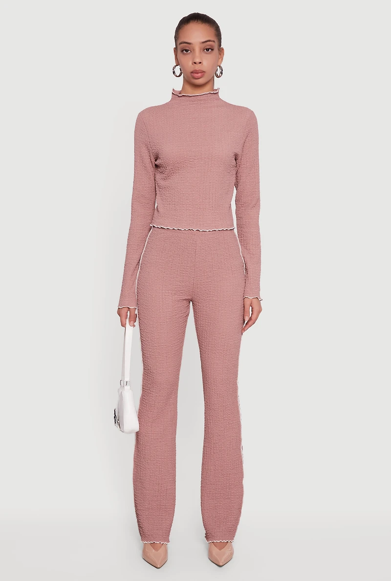 Womens Textured Knit Contrast Trim Pull On Flare Pants, Pink, Size L