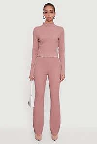 Womens Textured Knit Contrast Trim Pull On Flare Pants, Pink, Size L