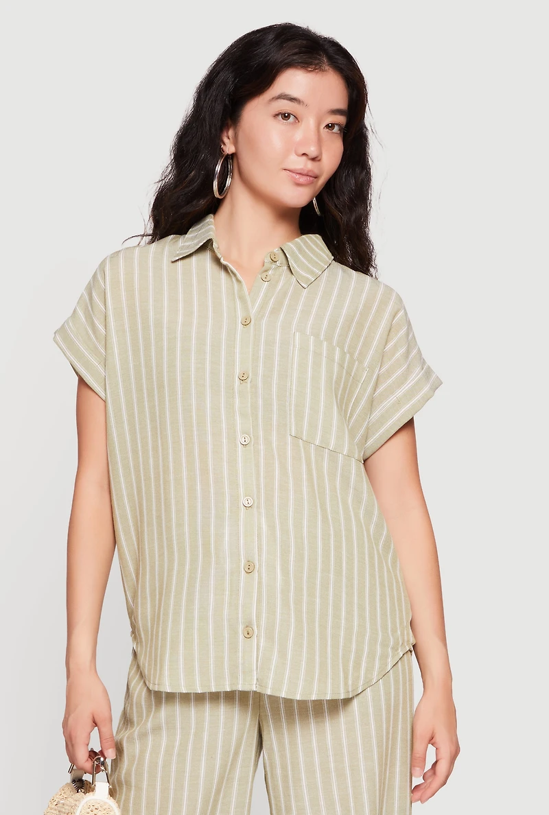 Pinstripe Button Front Short Sleeve Shirt