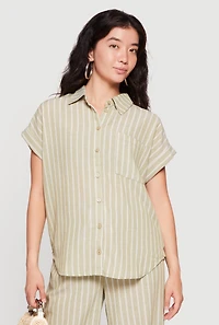Pinstripe Button Front Short Sleeve Shirt
