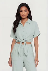 Crepe Knit Tie Front High Low Shirt