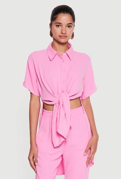 Crepe Knit Tie Front High Low Shirt