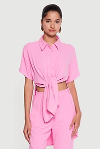 Crepe Knit Tie Front High Low Shirt