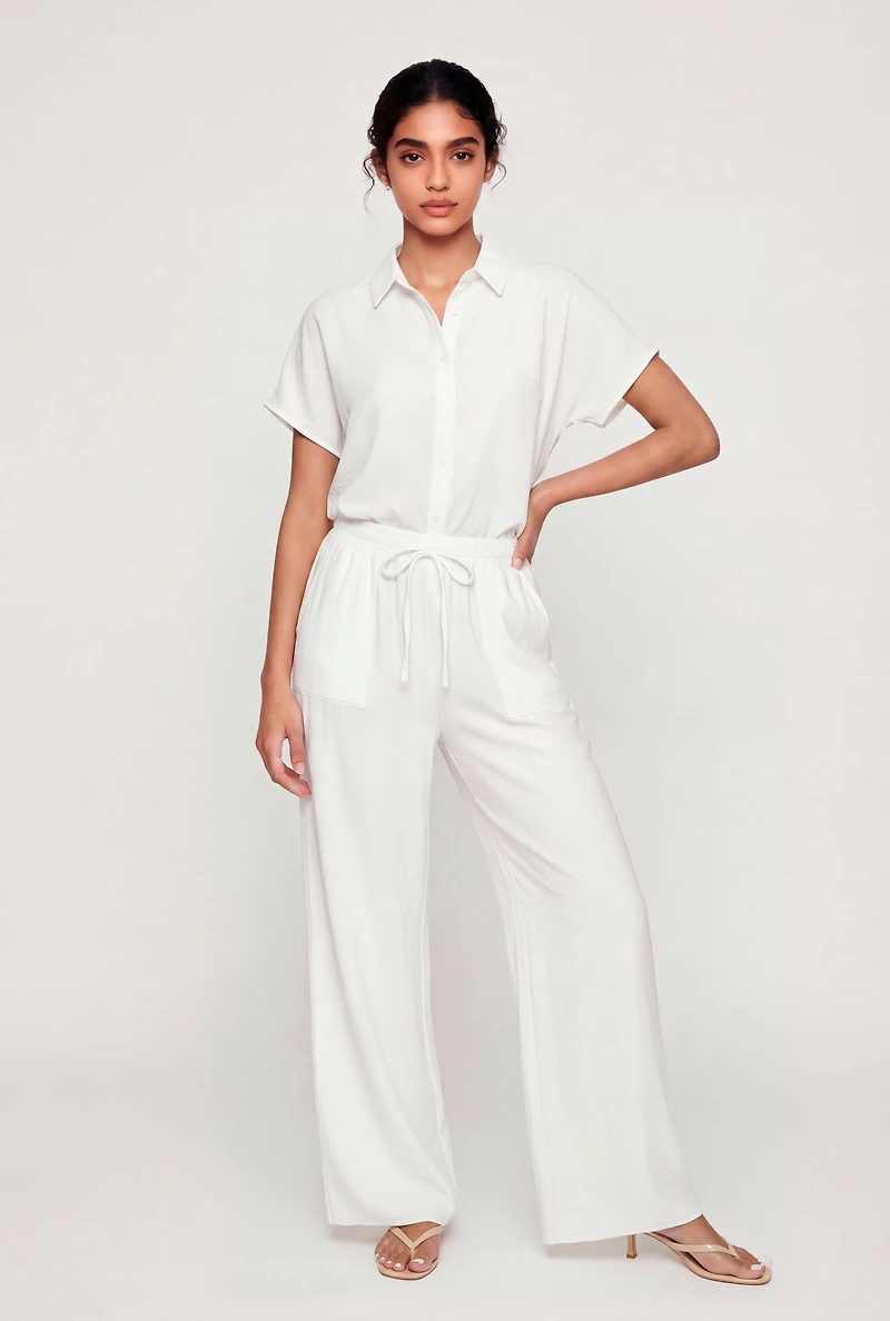 Crepe Knit Drawstring Detail Wide Leg Pants