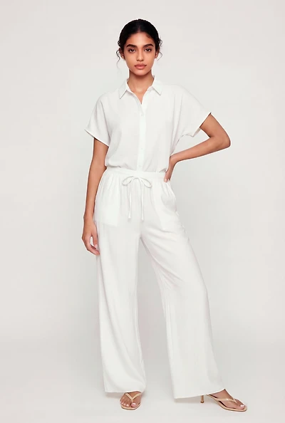 Crepe Knit Drawstring Detail Wide Leg Pants