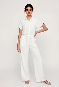 Crepe Knit Drawstring Detail Wide Leg Pants