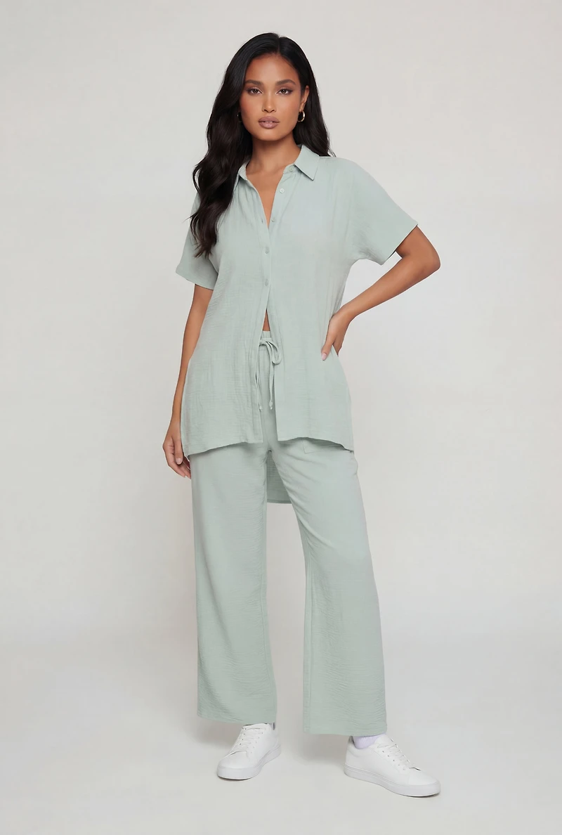 Crepe Knit Drawstring Detail Wide Leg Pants
