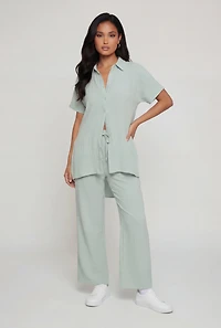 Crepe Knit Drawstring Detail Wide Leg Pants