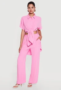 Crepe Knit Drawstring Detail Wide Leg Pants
