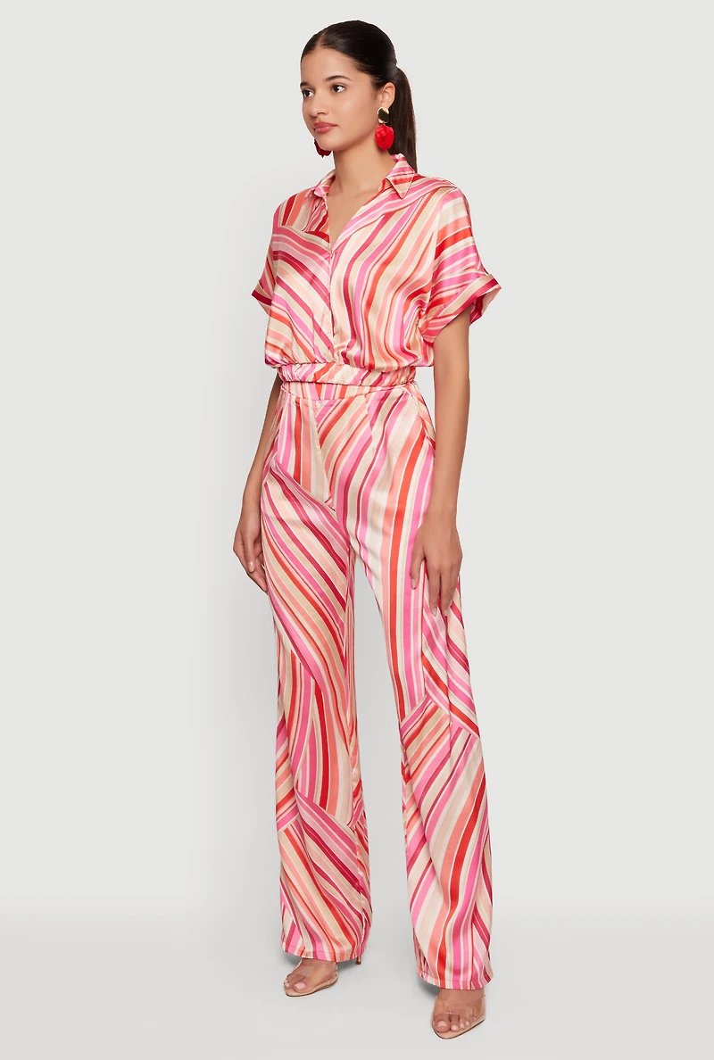 Satin Striped High Waisted Wide Leg Pants