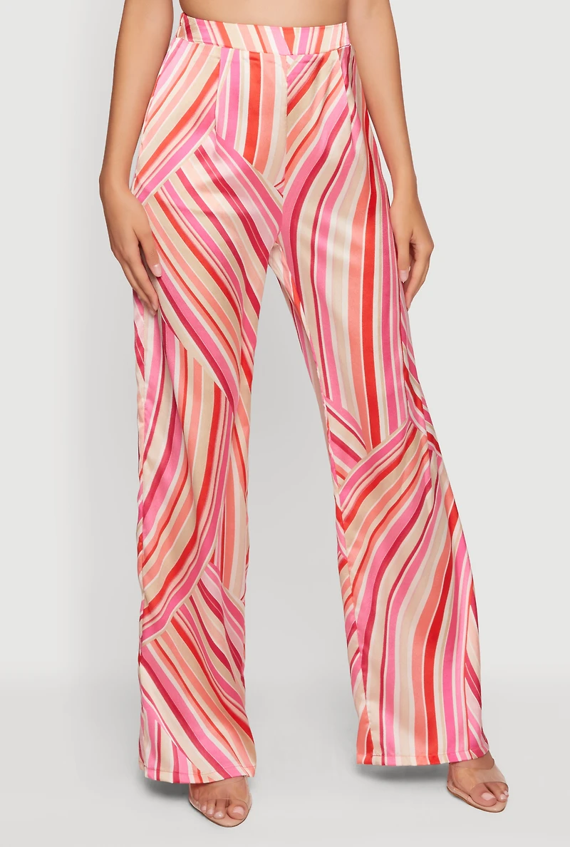 Satin Striped High Waisted Wide Leg Pants