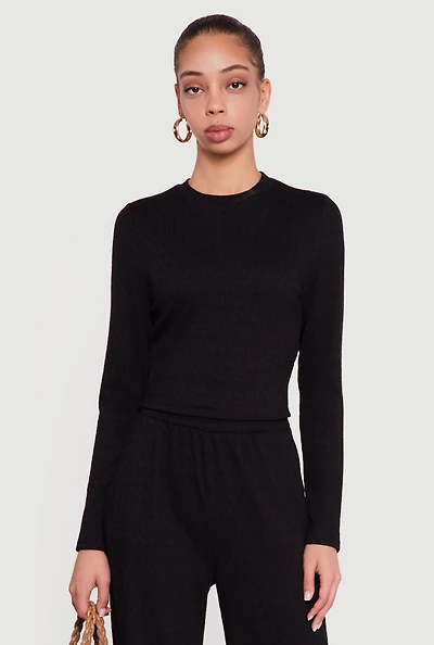 Textured Knit Long Sleeve Crew Neck Top