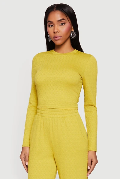 Womens Textured Knit Long Sleeve Crew Neck Top, Yellow,