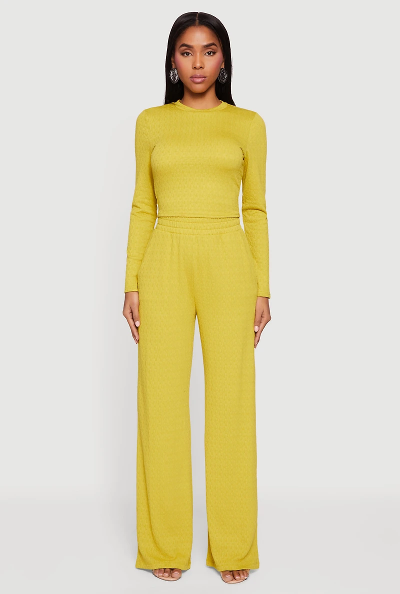 Womens Textured Knit Long Sleeve Crew Neck Top, Yellow,