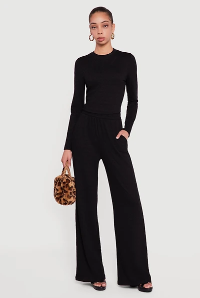 Textured Knit High Waisted Pull On Straight Leg Pants