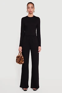 Textured Knit High Waisted Pull On Straight Leg Pants