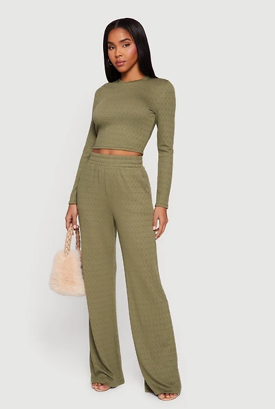 Textured Knit High Waisted Pull On Straight Leg Pants