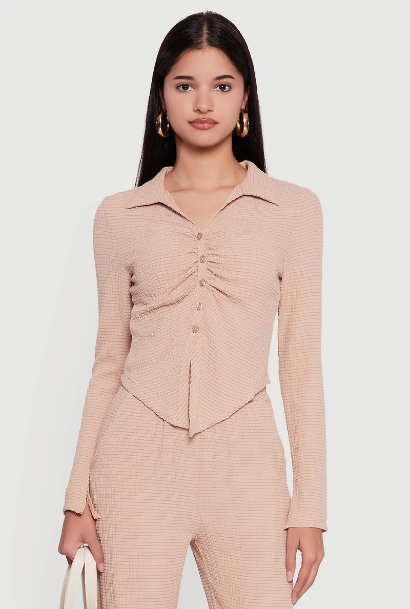 Long Sleeve Seersucker Button Front Shirt