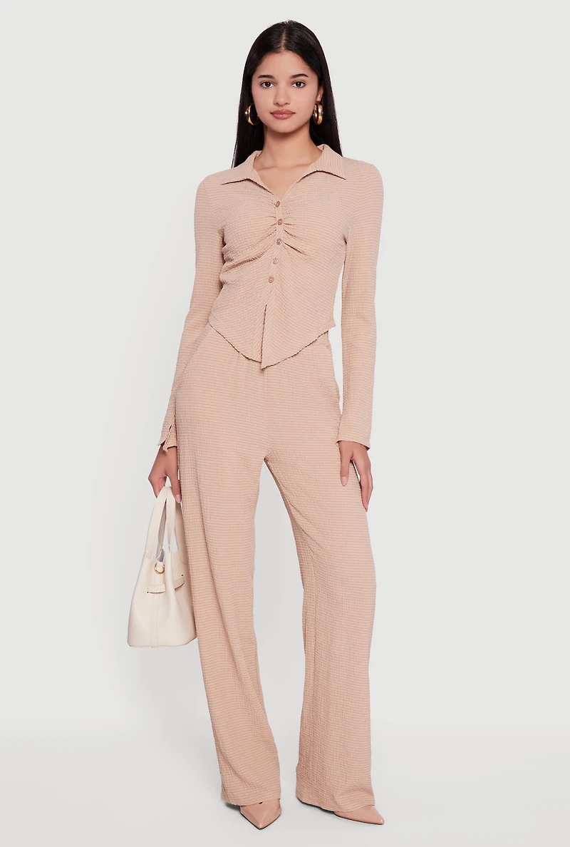 Womens Long Sleeve Seersucker Button Front Shirt, S