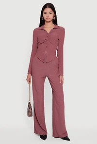 Womens Long Sleeve Seersucker Button Front Shirt, Burgundy, Size XL