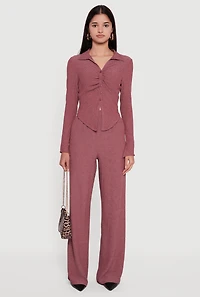 Womens Long Sleeve Seersucker Button Front Shirt, Burgundy, Size XL