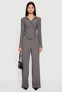 Womens Seersucker High Waisted Pull On Straight Leg Pants, Grey, Size S