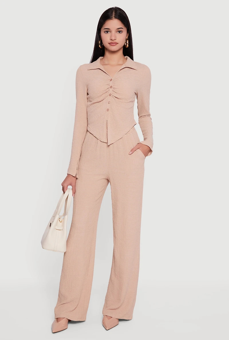 Seersucker High Waisted Pull On Straight Leg Pants