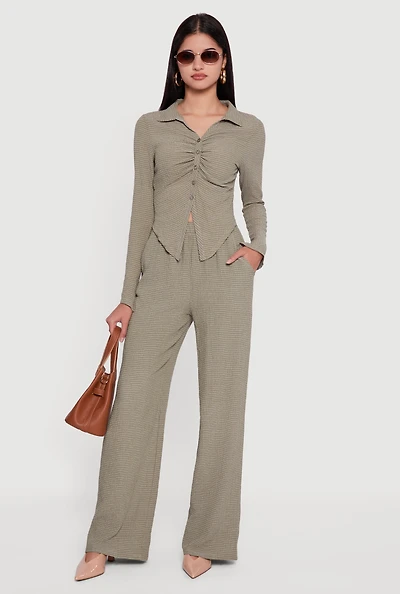Womens Seersucker High Waisted Pull On Straight Leg Pants,