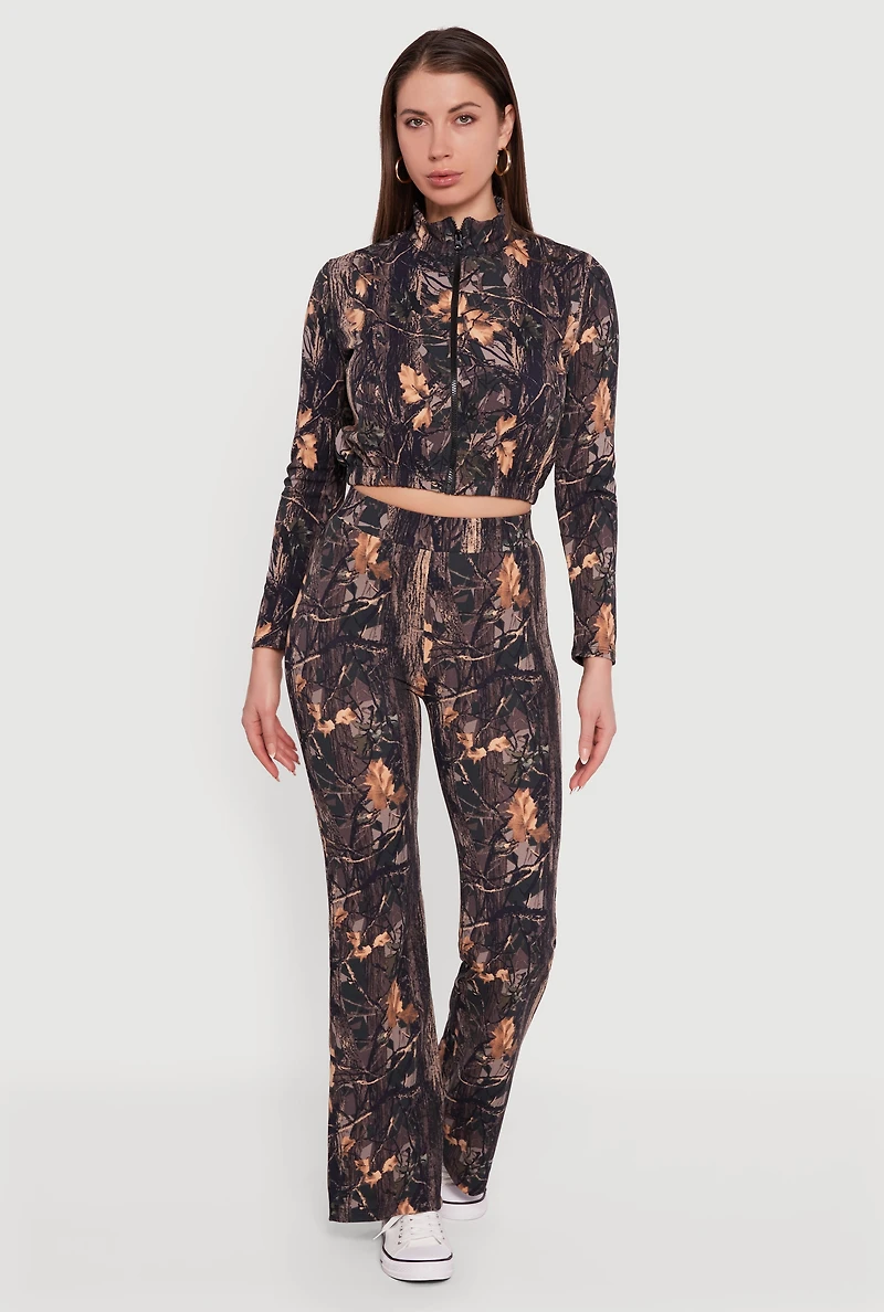 Womens Tree Camo Scuba High Waisted Pull On Pants, Brown, Size L