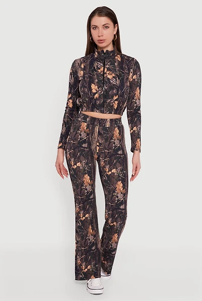 Womens Tree Camo Scuba High Waisted Pull On Pants, Brown, Size L