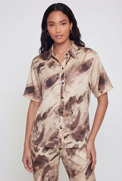 Satin Printed Pattern Button Front Shirt