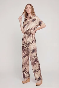Satin Patterned High Waisted Straight Leg Pants