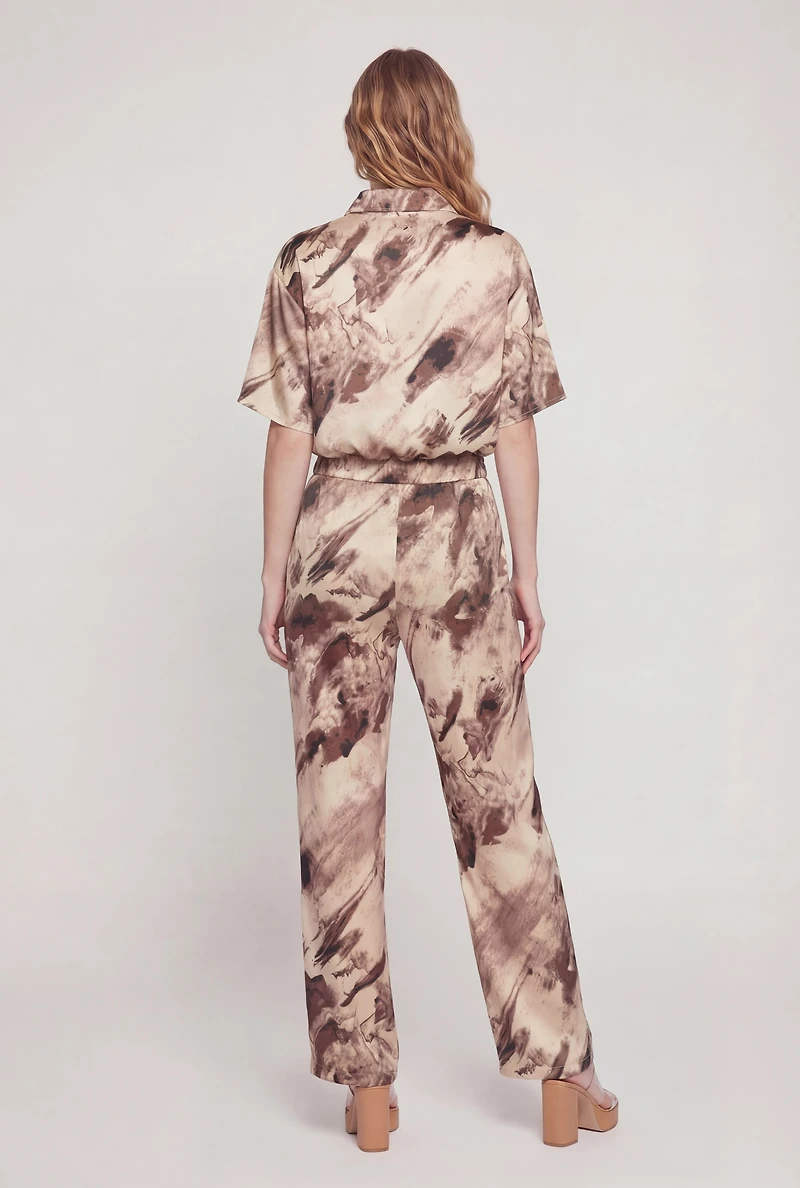 Satin Patterned High Waisted Straight Leg Pants