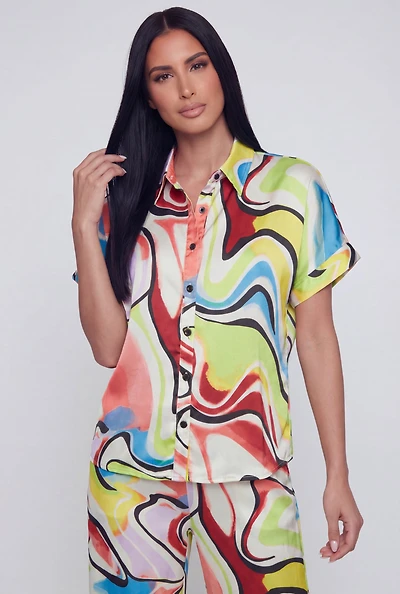 Abstract Swirl Satin Button Front Short Sleeve Shirt