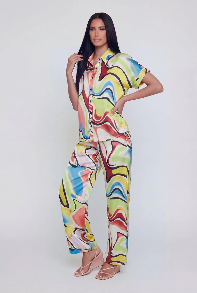 Abstract Swirl Satin Button Front Short Sleeve Shirt