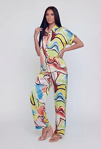 Abstract Swirl Satin Button Front Short Sleeve Shirt