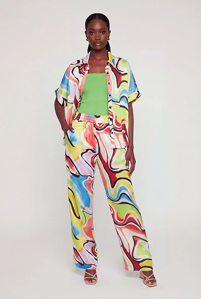 Satin Printed Pattern High Waisted Pants