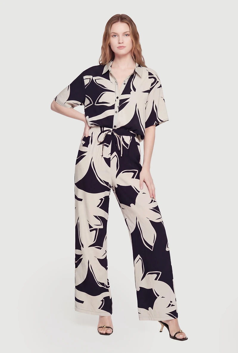 High Waisted Wide Leg Floral Crepe Knit Casual Pants