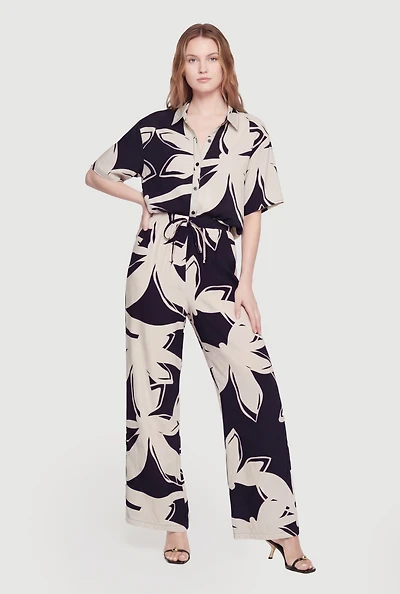 High Waisted Wide Leg Floral Crepe Knit Casual Pants