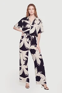 High Waisted Wide Leg Floral Crepe Knit Casual Pants