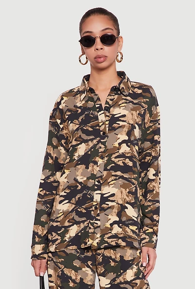 Camouflage Crepe Knit Long Sleeve Button Front Shirt