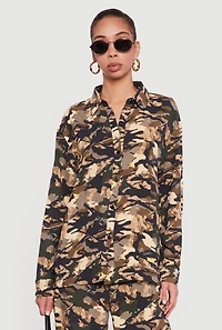 Camouflage Crepe Knit Long Sleeve Button Front Shirt